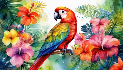 Fototapeta premium Parrots are colorful birds known for their curved beaks and ability to mimic human speech. Many species are popular as pets.