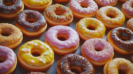 Delicious Assortment of Donuts with Various Toppings under Dramatic Top Light, Perfect for Tempting Food Posters and Banners