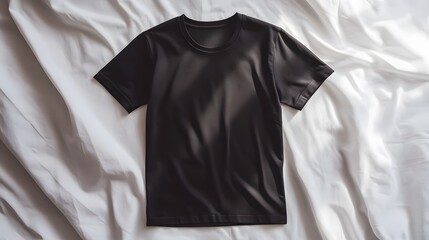 Black T Shirt Mockup on White Bedding