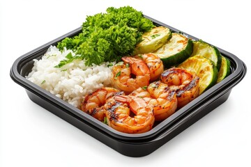 a bento box featuring grilled shrimp, fluffy rice, and colorful vegetables.