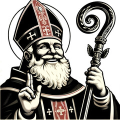 Smiling Saint Nicholas with a halo and crozier and raised hand in retro vintage style, flat black and red on white background