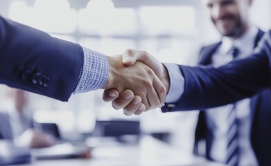 A photo of two business people shaking hands over an office desk, blurred background showing white walls