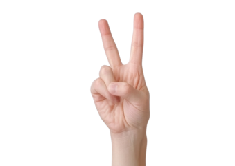 PNG A hand gesture displaying the peace sign, symbolizing harmony and tranquility, perfect for various thematic uses in media.