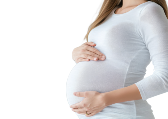 PNG A serene pregnant woman gently holding her baby bump, embodying the beauty and anticipation of motherhood.