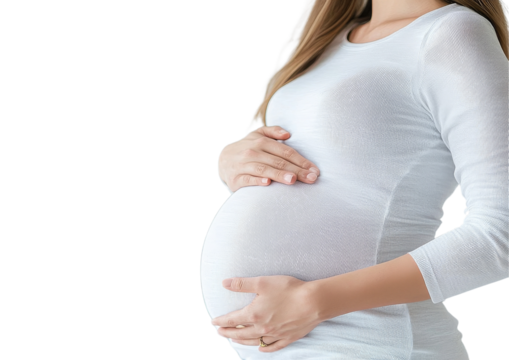 PNG A serene pregnant woman gently holding her baby bump, embodying the beauty and anticipation of motherhood.