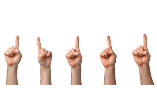 PNG Five hands showing the index finger, symbolizing counting, direction, or emphasis in communication and gestures.
