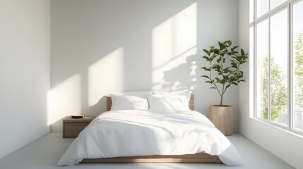 Minimalist bedroom with white bedding, a wooden nightstand, and natural light