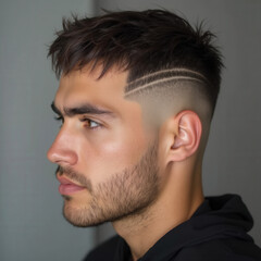 Stylish Male Profile Shots Featuring Trendy Fade Haircuts and Shaved Line Designs - Professional Closeup Photography