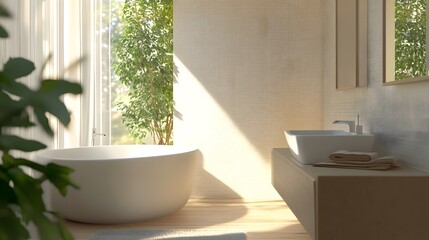 Fototapeta premium Clean bathroom with a white sink, a mirror, and natural light