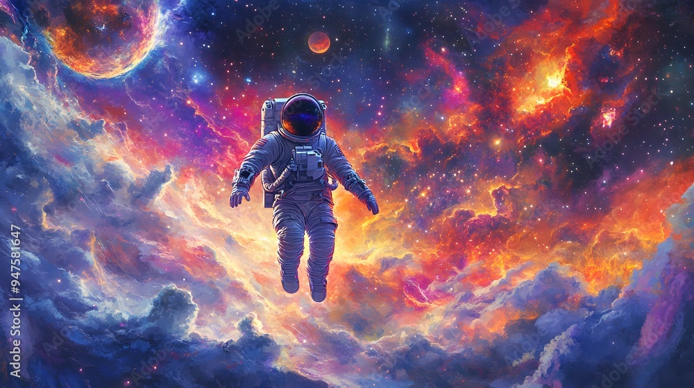 Poster astronaut floating in space with colorful nebulae and stars