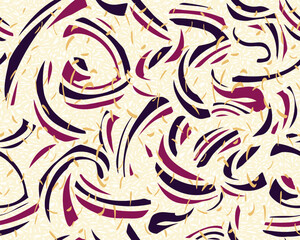 Abstract organic shapes seamless pattern on a yellow background. Vector hand drawn curved and wavy lines with drops, spots, dots. Colorful contemporary print. Plain geometric ornament