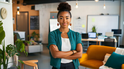 In a trendy tech startup office filled with creative decor, a confident woman crosses her arms with poise
