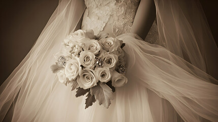 A sepia-toned image of a bride holding a wedding bouquet of pink and white roses, adorned with flowing tulle