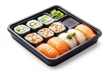 a bento box featuring a selection of mixed sushi, accompanied by soy sauce and wasabi.
