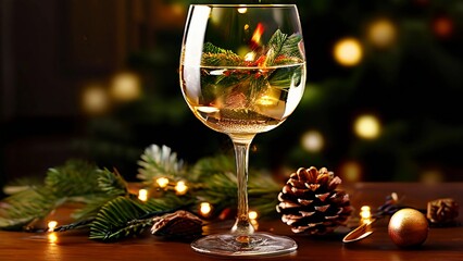Wine glass radiating festive cheer adorned with the sterling charm of a pine cone, the lively flutter of sprightly green leaves, all under the warm, twinkling luminescence of traditional Christmas 
