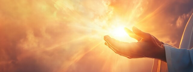 Jesus' Hands Reaching Out to Viewer with Rising Glowing Sun in Background