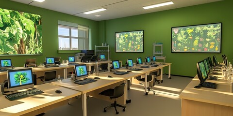 An educational workshop where students use interactive software to learn about sustainable chemistry and predict the ecological footprint of various compounds. The classroom is bat