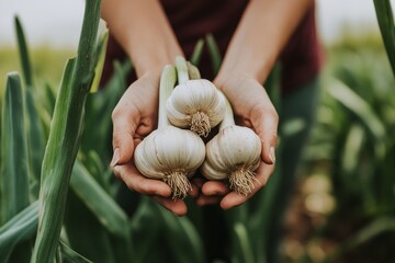 Hands holding garlic plant in the garlic field , Generative AI