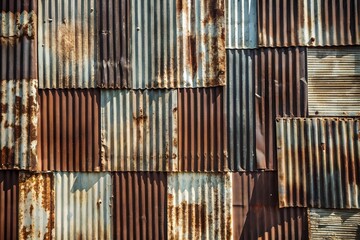 Processed collage of old rusty metal sheet texture in daylight. Background for banner, backdrop or texture for 3D mapping