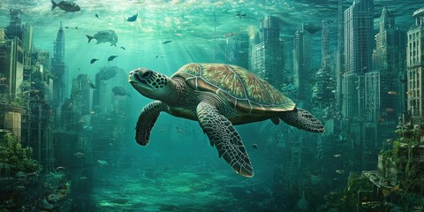 Sea turtle swims past a submerged city.
