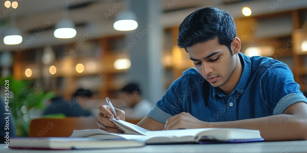 Poster focused indian student organizing and taking notes from his textbooks in a study session