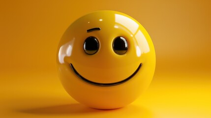 Fototapeta premium Relieved yellow emoji with soft smile, content expression, 3D icon, shiny.