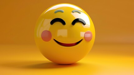 Fototapeta premium Relieved yellow emoji with soft smile, content expression, 3D icon, shiny.
