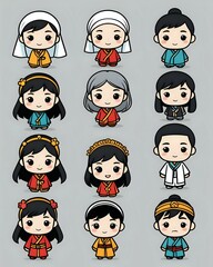 Cute cartoon characters wearing traditional Korean hanbok clothing.