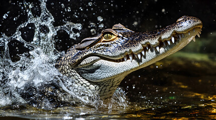 Fototapeta premium Fearsome Alligator Bursting from Swampy Waters with Open Jaws