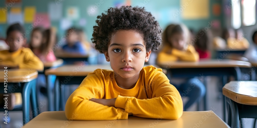 Poster child with adhd in a classroom, with learning and school performance problems
