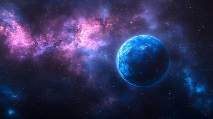 Obraz premium Blue Planet in Space with Nebula and Stars