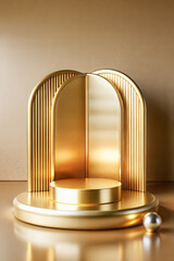 Gold podium with arched backdrop and decorative spheres on a golden surface