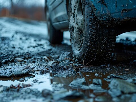 A muddy tire stuck on a rough terrain during early morning after a rainstorm