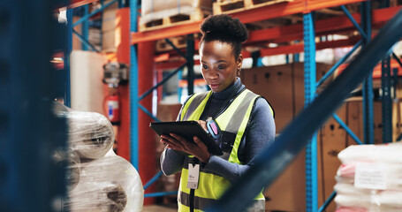 Black woman, inventory and checklist with tablet in logistics for stock control, distribution or...
