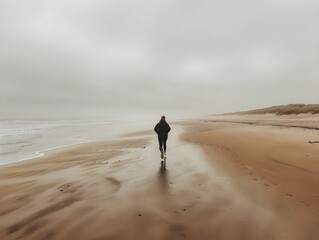 A person jogging along a misty beach at dawn, with soft waves lapping against the shore and muted colors all around