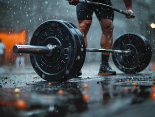 Athlete lifts barbell during a rainy outdoor workout, showcasing determination and strength in a challenging environment