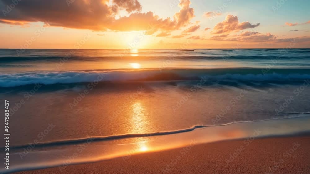Poster the ocean is calm and the sun is setting, creating a beautiful