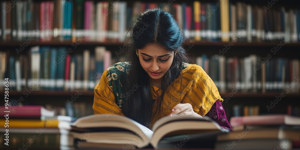Poster focused indian student organizes textbooks while studying in a library setting