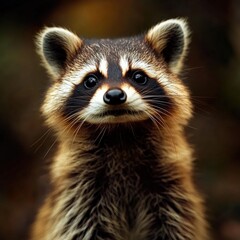 A charming raccoon with striking facial markings, showcasing its playful nature against a blurred natural background.