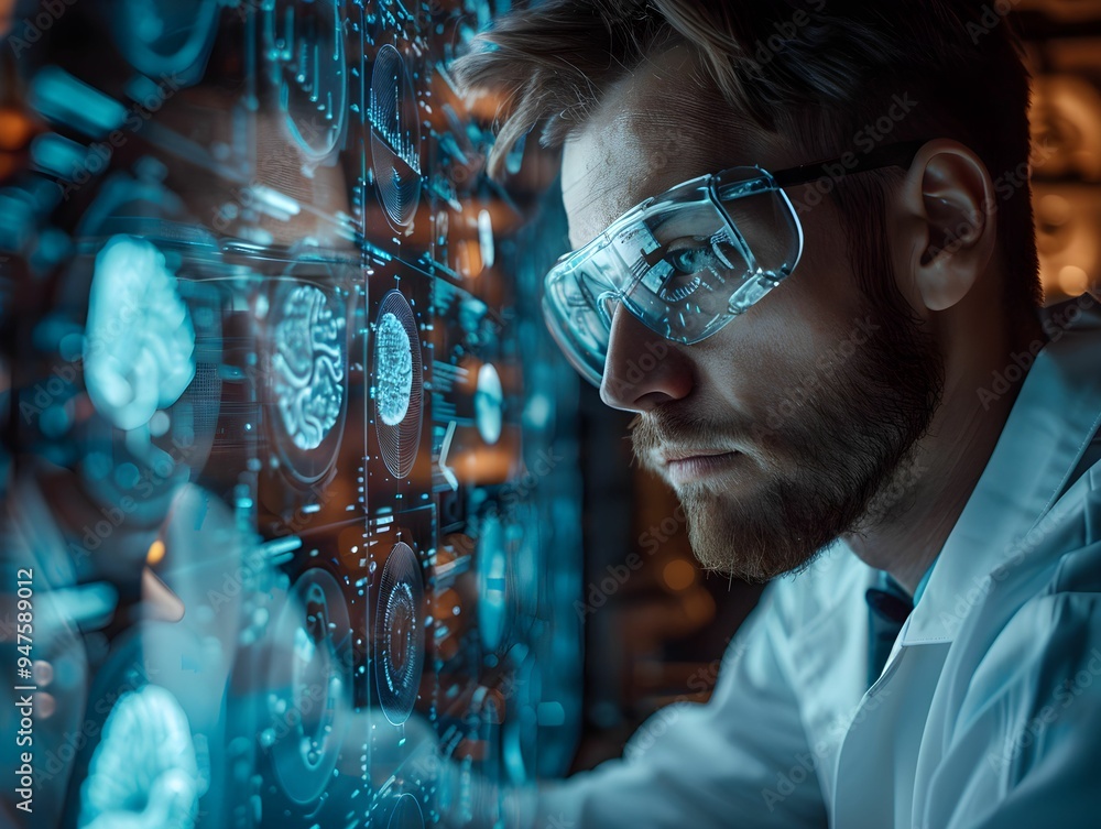 Poster a scientist in a lab analyzes digital brain scans using augmented reality glasses during a research 