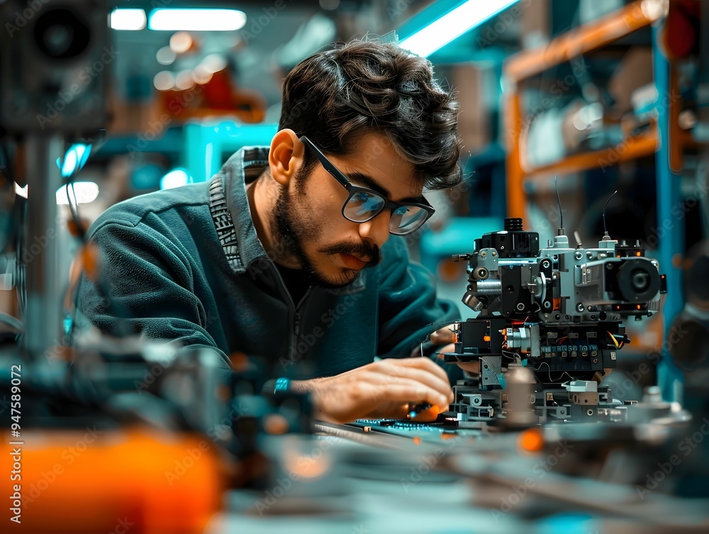 Poster a focused engineer working on robotic components in a well-lit workshop during afternoon hours