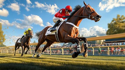 Dynamic illustration of horse racing with jockeys leaning forward, motion blur effect, energy and competition