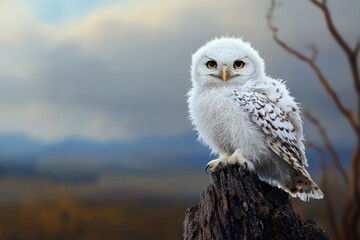 Naklejka premium A charming white owl perched on a wooden stump, surrounded by a beautiful blurred nature background, showcasing its captivating eyes.