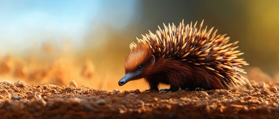 A close-up of a cute echidna roaming the forest floor, showcasing its unique spiky fur and curious demeanor in a natural setting.