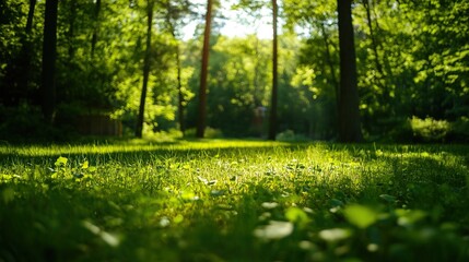 Fototapeta premium A serene forest scene featuring lush green grass, vibrant trees, and soft sunlight filtering through the foliage.