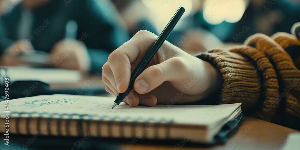 Poster close up view of a student hand writing notes in a notebook during a focused study session in a clas