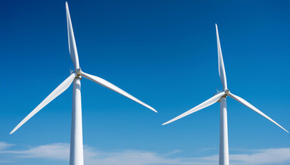 Close-up of modern wind turbines against a clear blue sky, showcasing their sleek design and renewable energy generation capabilities, emphasizing sustainable power and clean technology