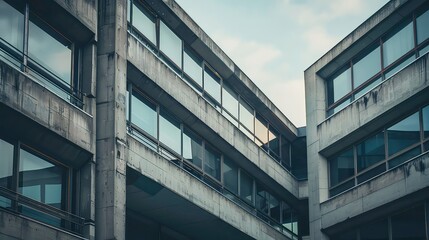 A low-angle view of a modern concrete building facade with a series of windows, showcasing the geometric lines and structural elements of the building.