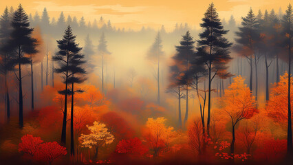 Autumn wallpaper depicting a dense forest full of tall trees with leaves in shades of orange, red and gold. 4K