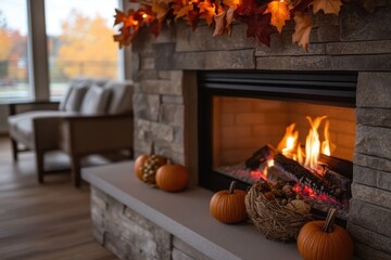 Cozy Thanksgiving Fireplace: A warm and inviting living room with a crackling fireplace, where Thanksgiving decorations like a garland of leaves, small pumpkins, and a cornucopia are arranged on the m